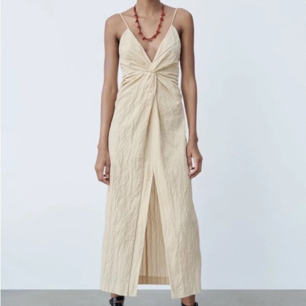 Zara Cream Twist Front Spaghetti Strap Maxi Dress Size XL NWT